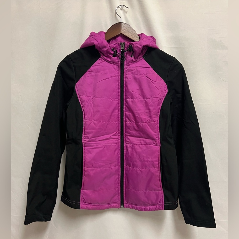 Free Tech Womenโs Pink And Black Medium Hooded Quilted Jacket size XS